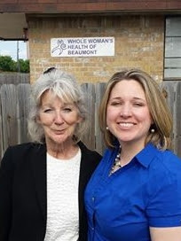 Eileen Romano, SAFL-Beaumont, TX Program Director, with Lauren Muzyka, SAFL Executive Director, in front of the newly-closed abortion facility in Beaumont, TX!